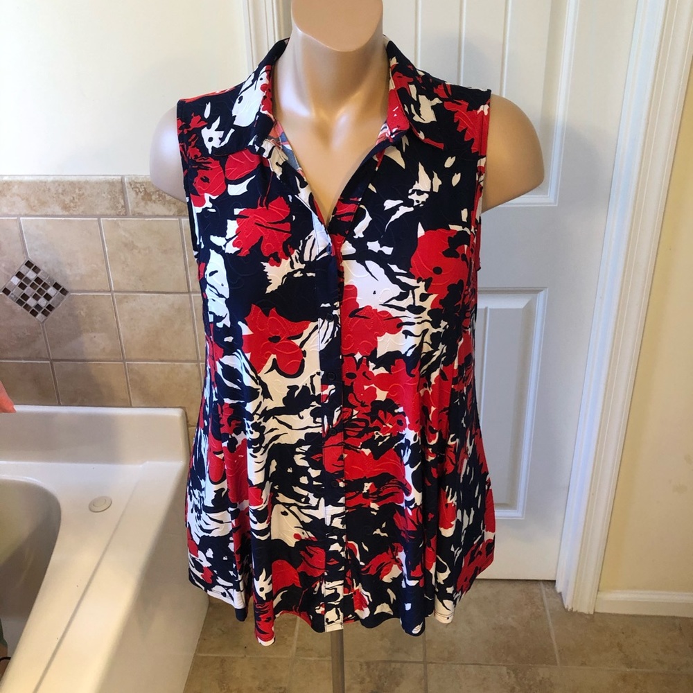 Red, white, and blue sleeveless button up shirt